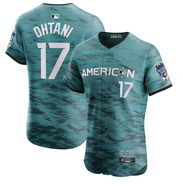 Men's Los Angeles Angels #17 Shohei Ohtani Teal 2023 All-Star Flex Base Stitched Jersey Men's Los Angeles Angels #17 Shohei Ohtani Teal 2023 All-Star Flex Base Stitched Jersey