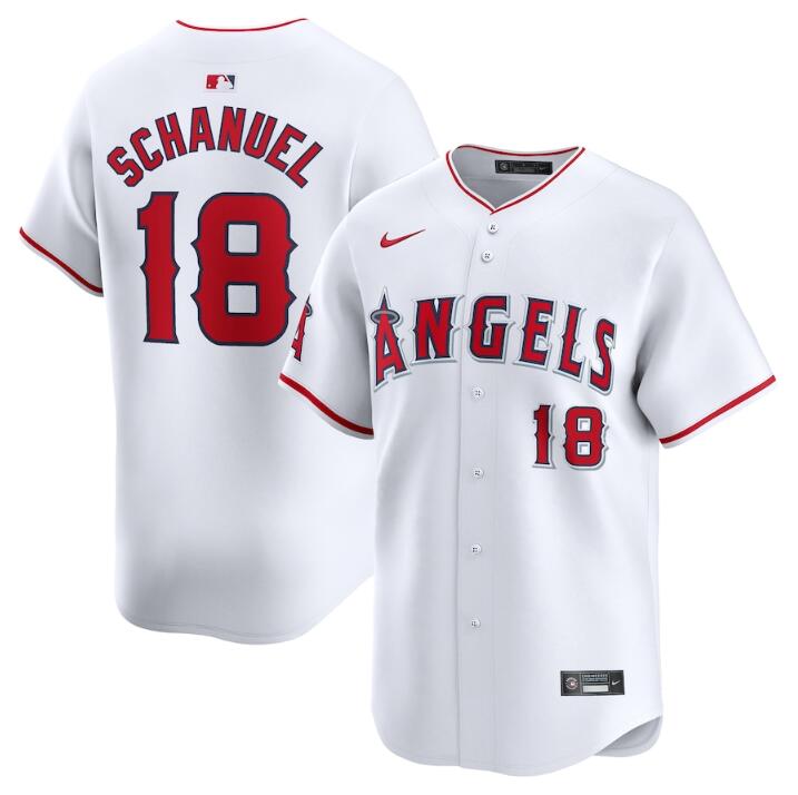 Men's Los Angeles Angels #18 Nolan Schanuel White Home Limited Stitched Baseball Jersey Men's Los Angeles Angels #18 Nolan Schanuel White Home Limited Stitched Baseball Jersey