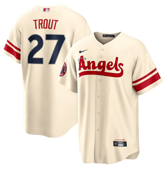 Men's Los Angeles Angels #27 Mike Trout 2022 Cream City Connect Cool Base Stitched Jersey Men's Los Angeles Angels #27 Mike Trout 2022 Cream City Connect Cool Base Stitched Jersey