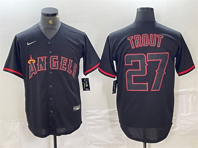 Men's Los Angeles Angels #27 Mike Trout Black Red Cool Base Stitched Baseball Jersey Men's Los Angeles Angels #27 Mike Trout Black Red Cool Base Stitched Baseball Jersey