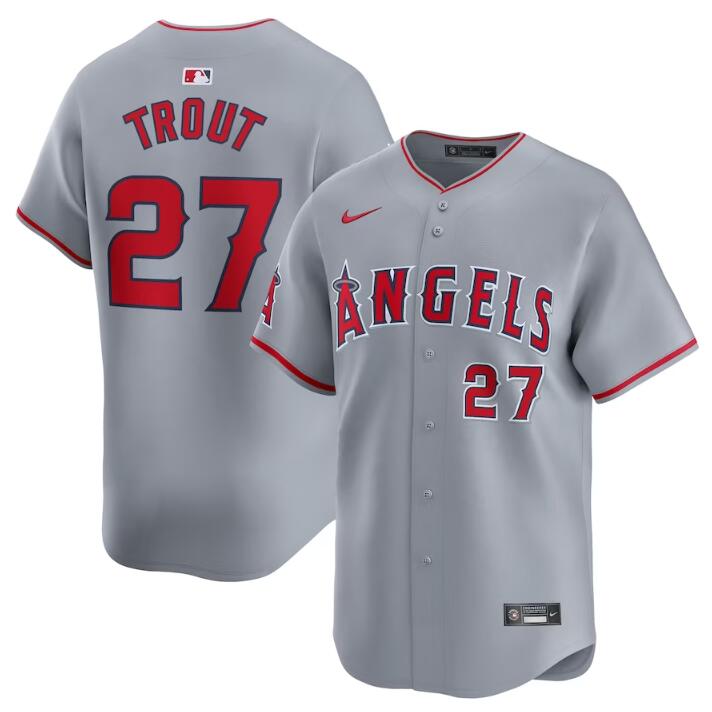 Men's Los Angeles Angels #27 Mike Trout Grey Away Limited Stitched Baseball Jersey Men's Los Angeles Angels #27 Mike Trout Grey Away Limited Stitched Baseball Jersey