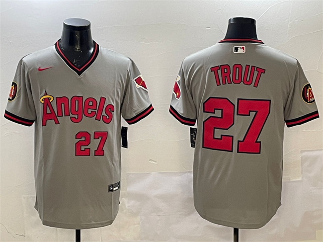 Men's Los Angeles Angels #27 Mike Trout Grey With Patch Stitched Baseball Jersey Men's Los Angeles Angels #27 Mike Trout Grey With Patch Stitched Baseball Jersey