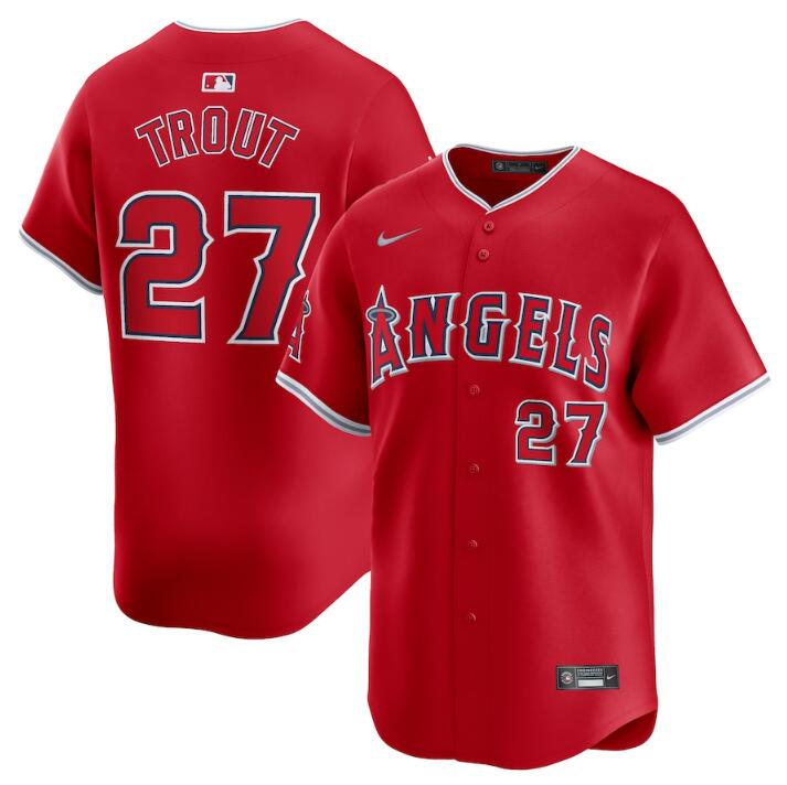 Men's Los Angeles Angels #27 Mike Trout Red Alternate Limited Stitched Baseball Jersey Men's Los Angeles Angels #27 Mike Trout Red Alternate Limited Stitched Baseball Jersey