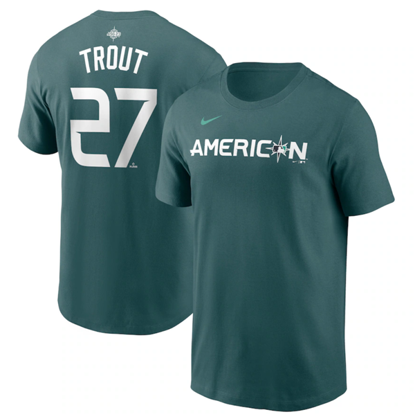 Men's Los Angeles Angels #27 Mike Trout Teal 2023 All-Star Name & Number T-Shirt Men's Los Angeles Angels #27 Mike Trout Teal 2023 All-Star Name & Number T-Shirt