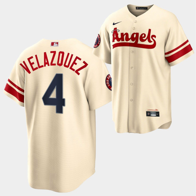 Men's Los Angeles Angels #4 Andrew Velazquez 2022 Cream City Connect Cool Base Stitched Jersey Men's Los Angeles Angels #4 Andrew Velazquez 2022 Cream City Connect Cool Base Stitched Jersey