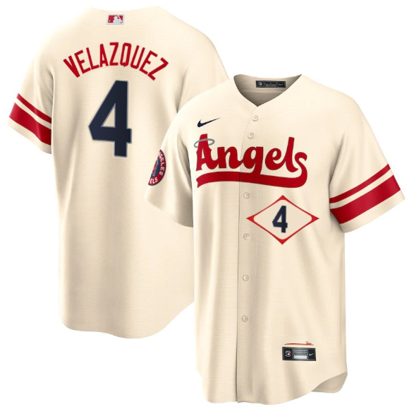 Men's Los Angeles Angels #4 Andrew Velazquez 2022 Cream City Connect Cool Base Stitched Jerseys Men's Los Angeles Angels #4 Andrew Velazquez 2022 Cream City Connect Cool Base Stitched Jerseys