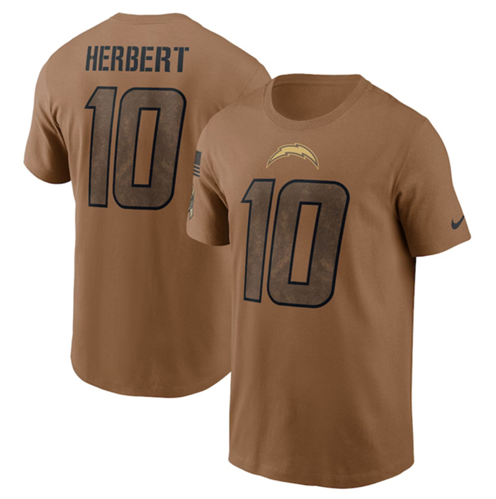 Men's Los Angeles Chargers #10 Justin Herbert 2023 Brown Salute To Service Name & Number T-Shirt Men's Los Angeles Chargers #10 Justin Herbert 2023 Brown Salute To Service Name & Number T-Shirt