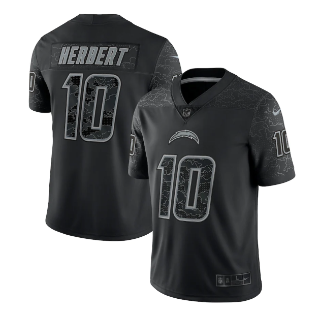 Men's Los Angeles Chargers #10 Justin Herbert Black Reflective Limited Stitched Football Jersey Men's Los Angeles Chargers #10 Justin Herbert Black Reflective Limited Stitched Football Jersey