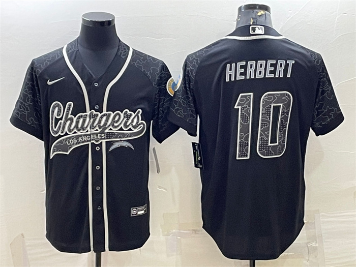 Men's Los Angeles Chargers #10 Justin Herbert Black Reflective With Patch Cool Base Stitched Baseball Jersey Men's Los Angeles Chargers #10 Justin Herbert Black Reflective With Patch Cool Base Stitched Baseball Jersey