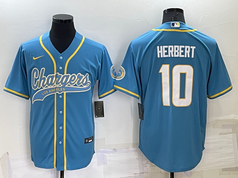 Men's Los Angeles Chargers #10 Justin Herbert Blue Cool Base Stitched Baseball Jersey Men's Los Angeles Chargers #10 Justin Herbert Blue Cool Base Stitched Baseball Jersey