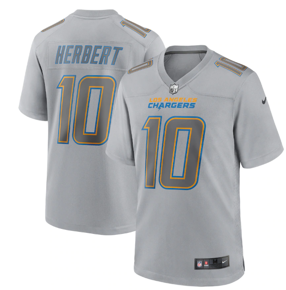 Men's Los Angeles Chargers #10 Justin Herbert Grey Atmosphere Fashion Stitched Game Jersey Men's Los Angeles Chargers #10 Justin Herbert Grey Atmosphere Fashion Stitched Game Jersey