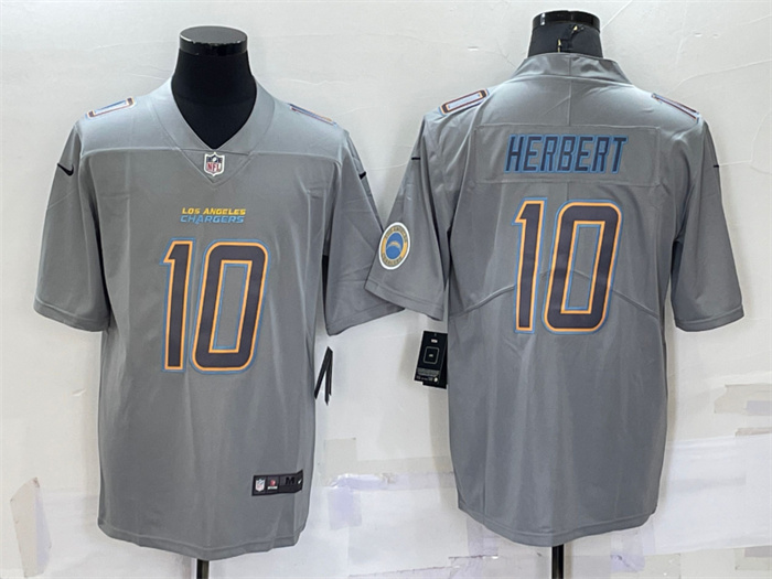 Men's Los Angeles Chargers #10 Justin Herbert Grey With Patch Atmosphere Fashion Stitched Jersey Men's Los Angeles Chargers #10 Justin Herbert Grey With Patch Atmosphere Fashion Stitched Jersey