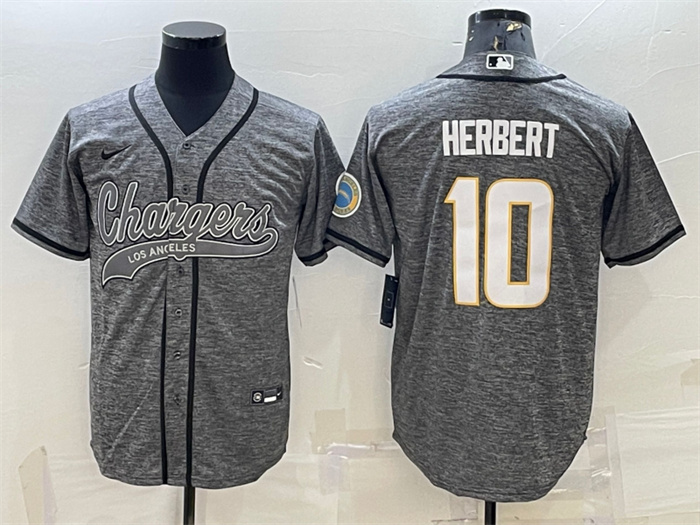 Men's Los Angeles Chargers #10 Justin Herbert Grey With Patch Cool Base Stitched Baseball Jersey Men's Los Angeles Chargers #10 Justin Herbert Grey With Patch Cool Base Stitched Baseball Jersey