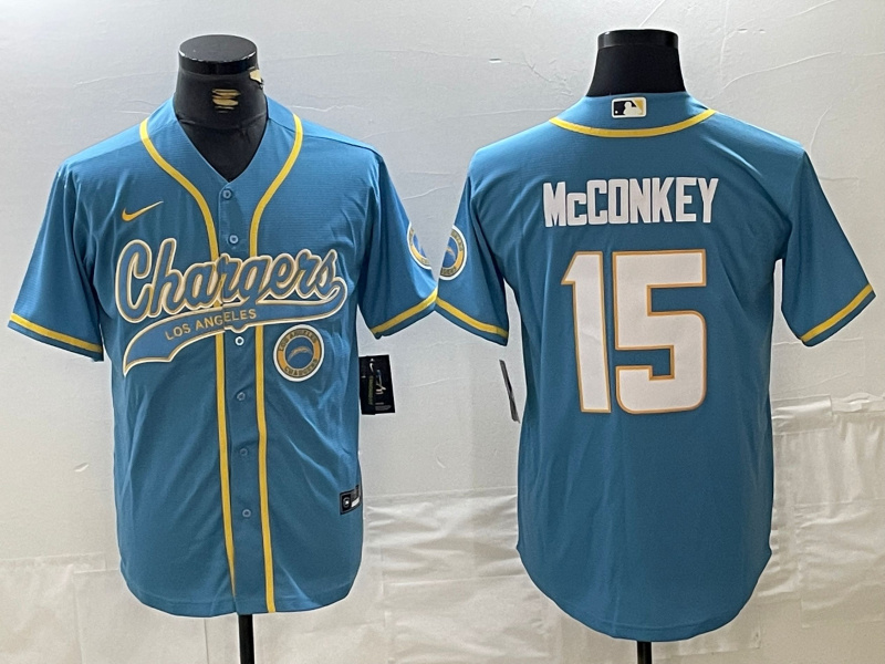 Men's Los Angeles Chargers #15 Ladd McConkey Blue Cool Base Stitched Baseball Jersey 2 Men's Los Angeles Chargers #15 Ladd McConkey Blue Cool Base Stitched Baseball Jersey 2