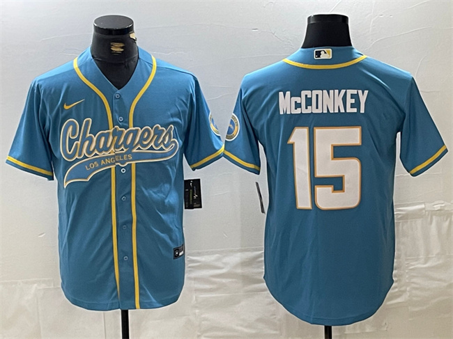 Men's Los Angeles Chargers #15 Ladd McConkey Blue Cool Base Stitched Baseball Jersey Men's Los Angeles Chargers #15 Ladd McConkey Blue Cool Base Stitched Baseball Jersey