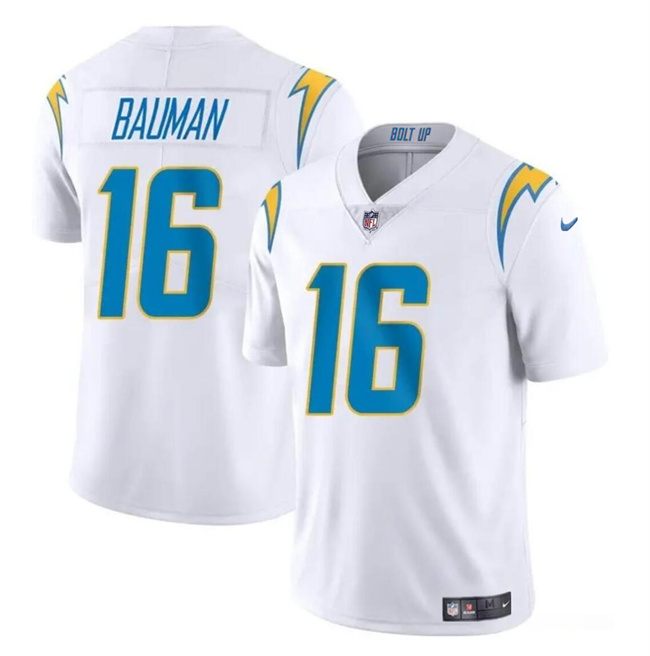 Men's Los Angeles Chargers #16 Casey Bauman White 2024 Vapor Limited Stitched Football Jersey Men's Los Angeles Chargers #16 Casey Bauman White 2024 Vapor Limited Stitched Football Jersey