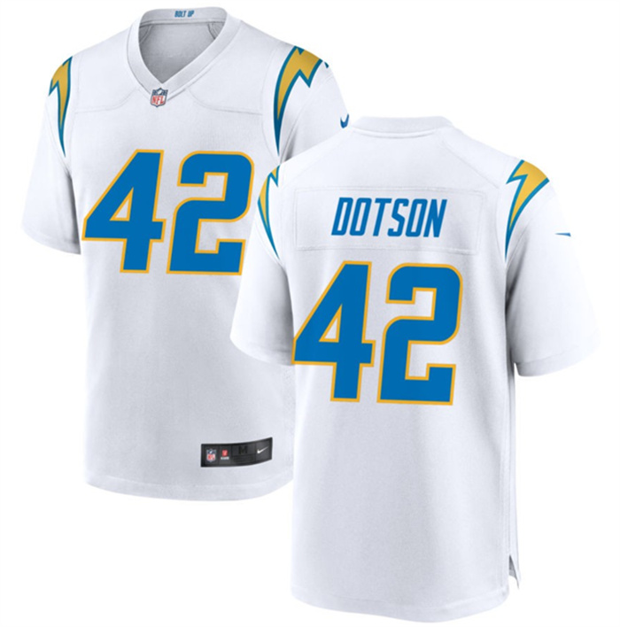 Men's Los Angeles Chargers #42 Elijah Dotson White Stitched Game Jersey Men's Los Angeles Chargers #42 Elijah Dotson White Stitched Game Jersey