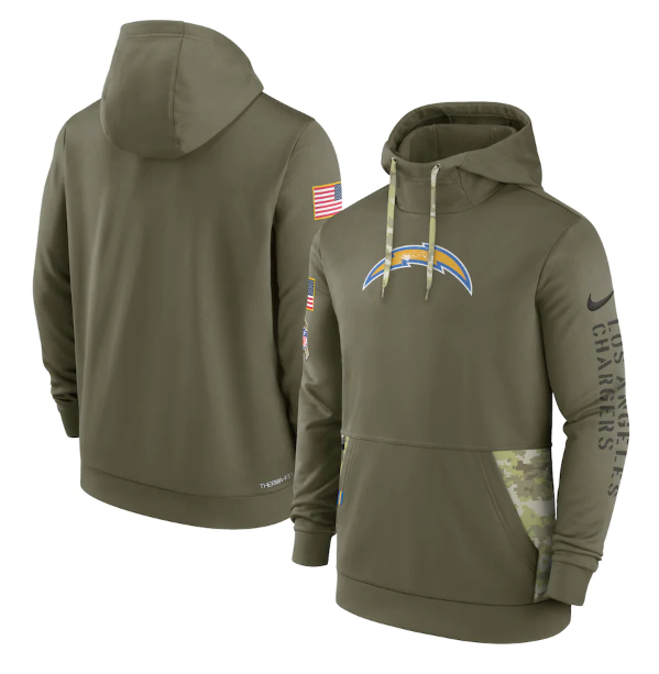 Men's Los Angeles Chargers 2022 Olive Salute To Service Therma Performance Pullover Hoodie