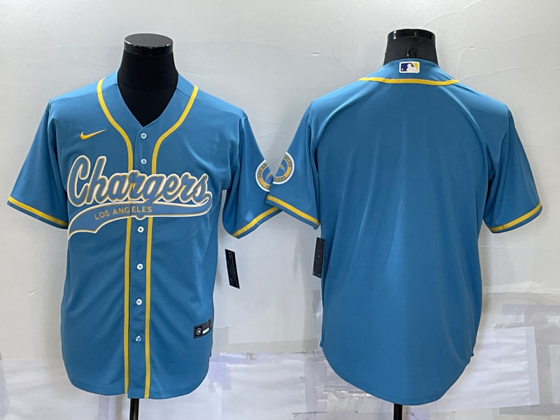 Men's Los Angeles Chargers Blank Blue Cool Base Stitched Baseball Jersey Men's Los Angeles Chargers Blank Blue Cool Base Stitched Baseball Jersey