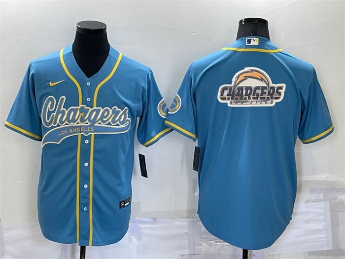 Men's Los Angeles Chargers Blue Team Big Logo With Patch Cool Base Stitched Baseball Jersey Men's Los Angeles Chargers Blue Team Big Logo With Patch Cool Base Stitched Baseball Jersey