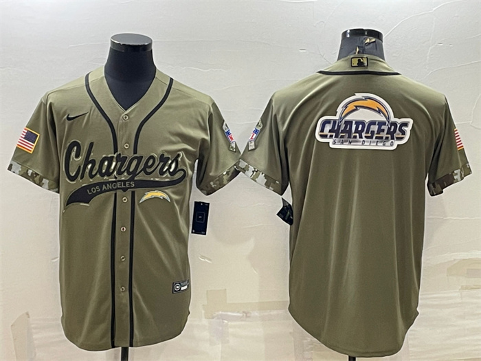Men's Los Angeles Chargers Olive Salute To Service Team Big Logo Cool Base Stitched Baseball Jersey Men's Los Angeles Chargers Olive Salute To Service Team Big Logo Cool Base Stitched Baseball Jersey