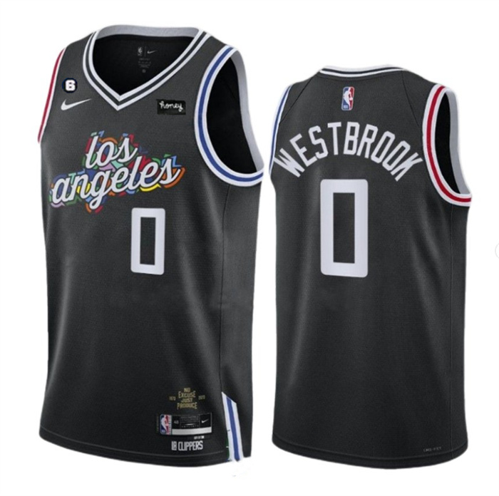 Men's Los Angeles Clippers #0 Russell Westbrook Black 2022 23 City Edition With NO.6 Patch Stitched Jersey Men's Los Angeles Clippers #0 Russell Westbrook Black 2022 23 City Edition With NO.6 Patch Stitched Jersey