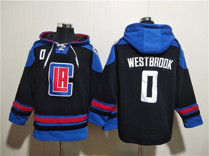 Men's Los Angeles Clippers #0 Russell Westbrook Black Blue Lace-Up Pullover Hoodie Men's Los Angeles Clippers #0 Russell Westbrook Black Blue Lace-Up Pullover Hoodie