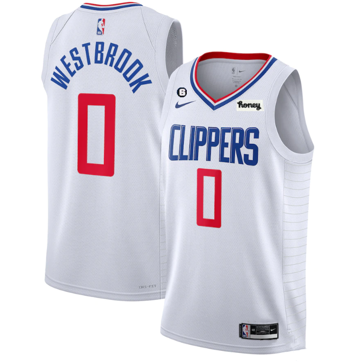 Men's Los Angeles Clippers #0 Russell Westbrook White With NO.6 Patch Stitched Jersey Men's Los Angeles Clippers #0 Russell Westbrook White With NO.6 Patch Stitched Jersey