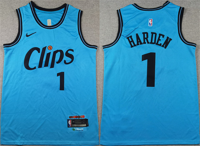 Men's Los Angeles Clippers #1 James Harden Light Blue 2024 City Edition Stitched Jersey Men's Los Angeles Clippers #1 James Harden Light Blue 2024 City Edition Stitched Jersey