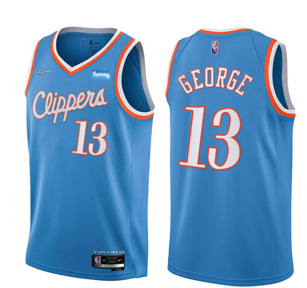 Men's Los Angeles Clippers #13 Paul George 2021 22 City Edition Light Blue 75th Anniversary Stitched Basketball Jersey Men's Los Angeles Clippers #13 Paul George 2021 22 City Edition Light Blue 75th Anniversary Stitched Basketball Jersey