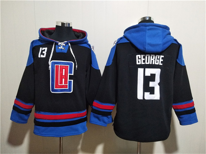 Men's Los Angeles Clippers #13 Paul George Black Blue Lace-Up Pullover Hoodie Men's Los Angeles Clippers #13 Paul George Black Blue Lace-Up Pullover Hoodie