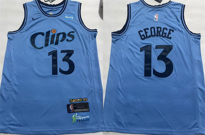 Men's Los Angeles Clippers #13 Paul George Light Blue 2024-25 City Edition Stitched Jersey Men's Los Angeles Clippers #13 Paul George Light Blue 2024-25 City Edition Stitched Jersey