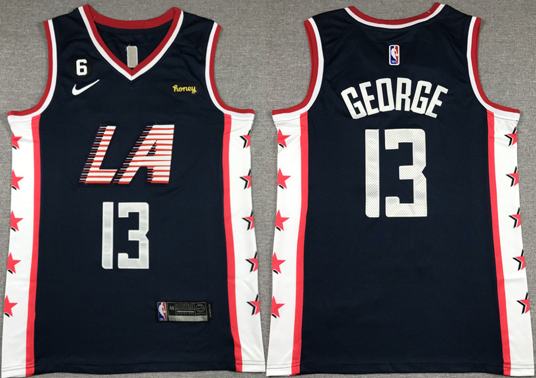 Men's Los Angeles Clippers #13 Paul George Navy 2022 23 City Edition With NO.6 Patch Stitched Jersey Men's Los Angeles Clippers #13 Paul George Navy 2022 23 City Edition With NO.6 Patch Stitched Jersey