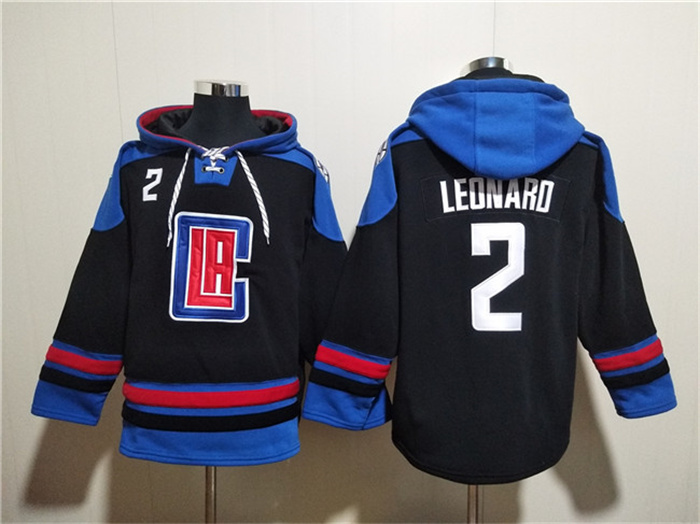 Men's Los Angeles Clippers #2 Kawhi Leonard Black Blue Lace-Up Pullover Hoodie Men's Los Angeles Clippers #2 Kawhi Leonard Black Blue Lace-Up Pullover Hoodie