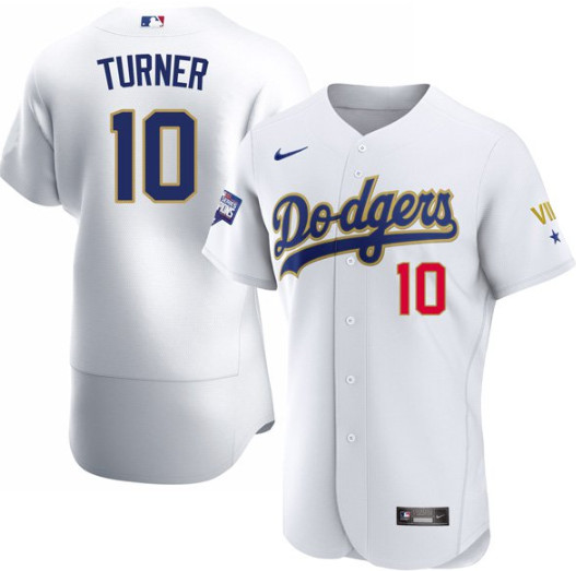 Men's Los Angeles Dodgers #10 Justin Turner Nike White Gold 2021 Gold Program Flexbase Jersey