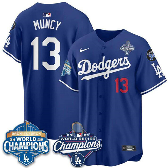 Men's Los Angeles Dodgers #13 Max Muncy Royal 2025 World Series Champions & Back to Back Champions With No.34 Patch Limited Stitched Baseball Jersey Men's Los Angeles Dodgers #13 Max Muncy Royal 2025 World Series Champions & Back to Back Champions With No.34 Patch Limited Stitched Baseball Jersey