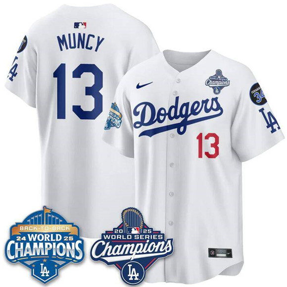 Men's Los Angeles Dodgers #13 Max Muncy White 2025 World Series Champions & Back to Back Champions With No.34 Patch Limited Stitched Baseball Jersey Men's Los Angeles Dodgers #13 Max Muncy White 2025 World Series Champions & Back to Back Champions With No.34 Patch Limited Stitched Baseball Jersey