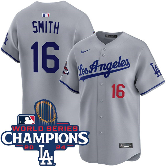 Men's Los Angeles Dodgers #16 Will Smith Gray 2024 World Series Champions Patch Limited Stitched Baseball Jersey Men's Los Angeles Dodgers #16 Will Smith Gray 2024 World Series Champions Patch Limited Stitched Baseball Jersey