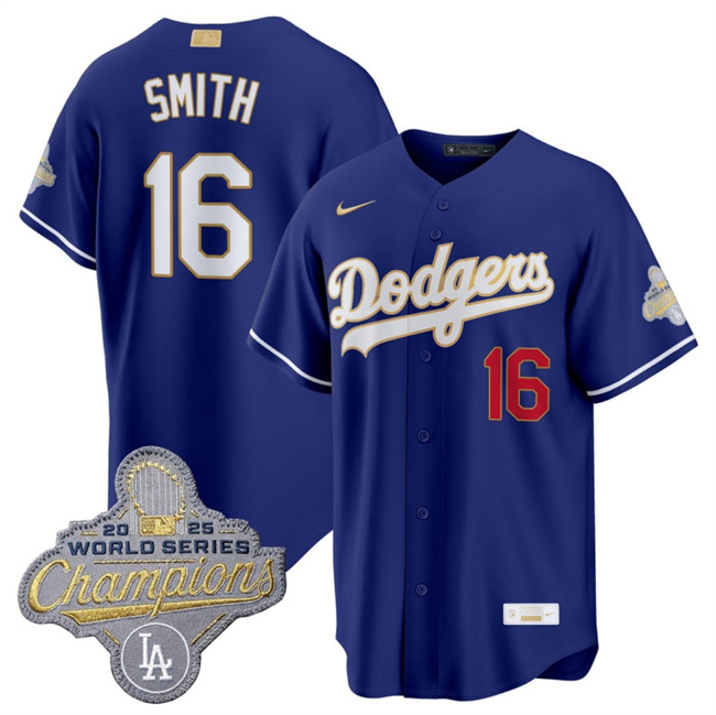 Men's Los Angeles Dodgers #16 Will Smith Royal 2026 Alternate Gold Collection Stadium Stitched Baseball Jersey Men's Los Angeles Dodgers #16 Will Smith Royal 2026 Alternate Gold Collection Stadium Stitched Baseball Jersey