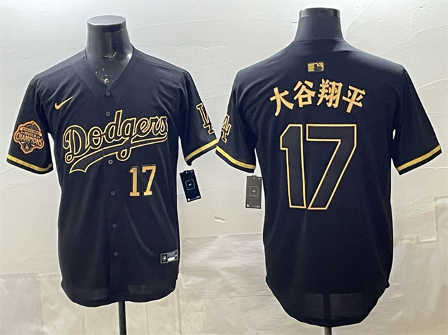 Men's Los Angeles Dodgers #17 大谷翔平 Black Gold 2025 Back to Back Champions Patch Limited Stitched Baseball Jersey