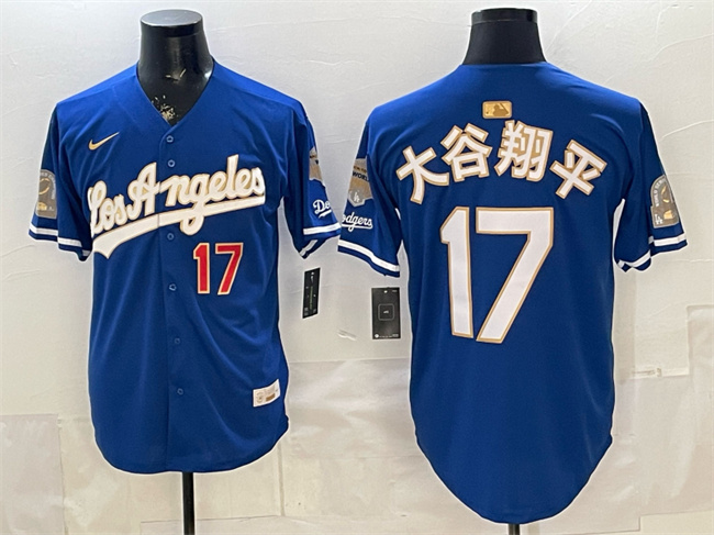 Men's Los Angeles Dodgers #17 大谷翔平 Royal 2026 Gold Collection 9x & B2B Champs Patch Stitched Baseball Jersey 003