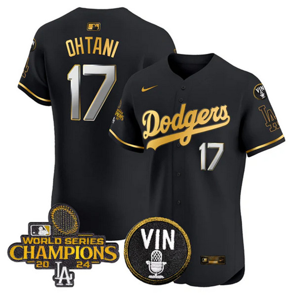 Men's Los Angeles Dodgers #17 Shohei Ohtani Black Gold 2024 World Series Champions With Vin Patch Vapor Limited Stitched Baseball Jersey Men's Los Angeles Dodgers #17 Shohei Ohtani Black Gold 2024 World Series Champions With Vin Patch Vapor Limited Stitched Baseball Jersey