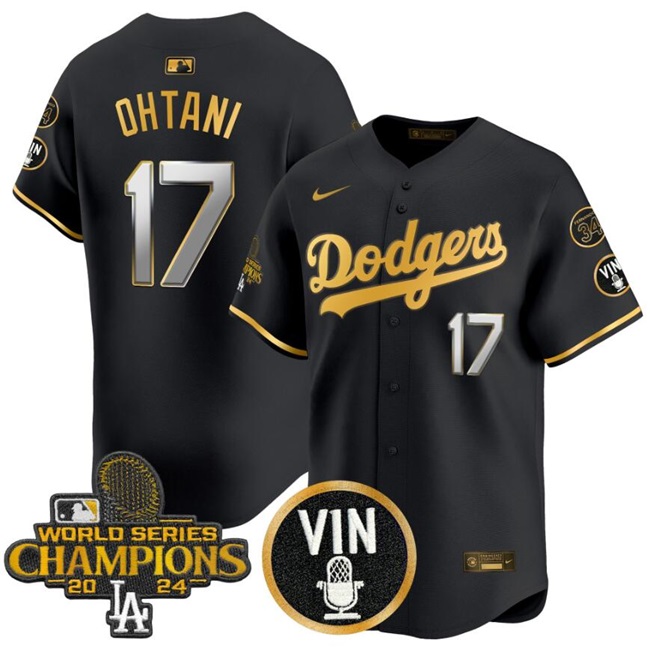 Men's Los Angeles Dodgers #17 Shohei Ohtani Black Gold 2024 World Series Champions With Vin Scully & Fernando Patch Vapor Limited Stitched Baseball Jersey