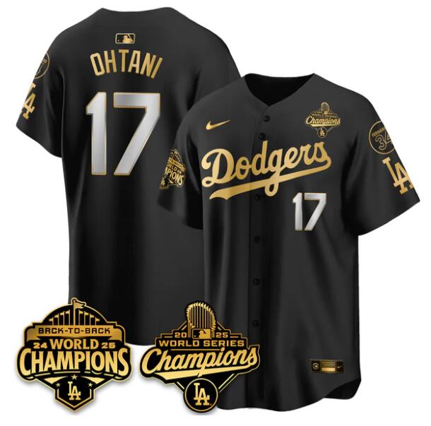 Men's Los Angeles Dodgers #17 Shohei Ohtani Black Gold 2025 World Series Champions Back to Back With No.34 Patch Limited Stitched Baseball Jersey Men's Los Angeles Dodgers #17 Shohei Ohtani Black Gold 2025 World Series Champions Back to Back With No.34 Patch Limited Stitched Baseball Jersey