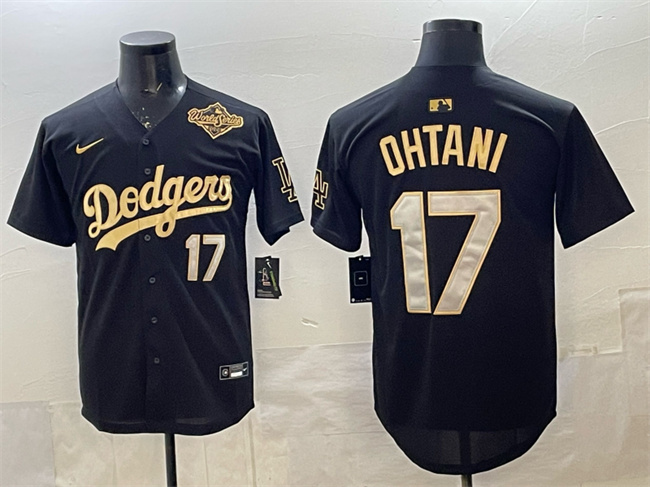 Men's Los Angeles Dodgers #17 Shohei Ohtani Black Gold 2025 World Series Patch Limited Stitched Baseball Jersey Men's Los Angeles Dodgers #17 Shohei Ohtani Black Gold 2025 World Series Patch Limited Stitched Baseball Jersey