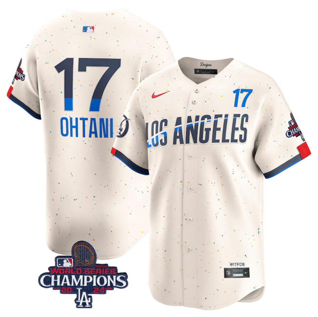 Men's Los Angeles Dodgers #17 Shohei Ohtani Cream 2024 World Series Champions City Connect Limited Stitched Baseball Jersey Men's Los Angeles Dodgers #17 Shohei Ohtani Cream 2024 World Series Champions City Connect Limited Stitched Baseball Jersey