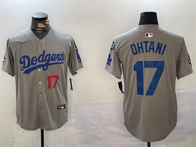 Men's Los Angeles Dodgers #17 Shohei Ohtani Grey 2024 World Series Champions With Fernando Memorial Patch Limited Stitched Baseball Jersey Men's Los Angeles Dodgers #17 Shohei Ohtani Grey 2024 World Series Champions With Fernando Memorial Patch Limited Stitched Baseball Jersey
