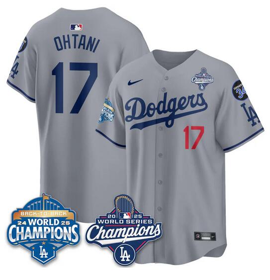 Men's Los Angeles Dodgers #17 Shohei Ohtani Grey 2025 World Series Champions & Back to Back Champions With No.34 Patch Limited Stitched Baseball Jersey Men's Los Angeles Dodgers #17 Shohei Ohtani Grey 2025 World Series Champions & Back to Back Champions With No.34 Patch Limited Stitched Baseball Jersey