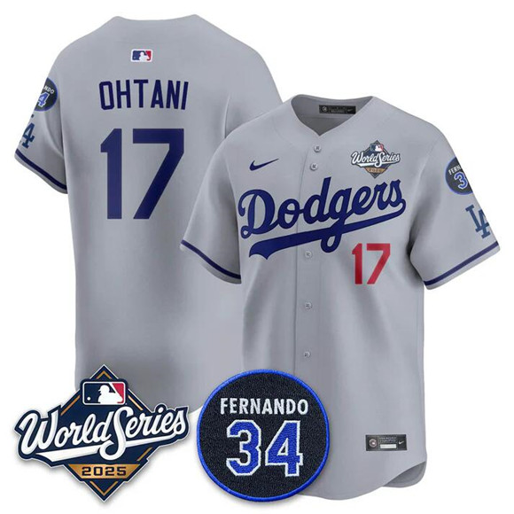 Men's Los Angeles Dodgers #17 Shohei Ohtani Grey 2025 World Series With No.34 Patch Limited Stitched Baseball Jersey Men's Los Angeles Dodgers #17 Shohei Ohtani Grey 2025 World Series With No.34 Patch Limited Stitched Baseball Jersey