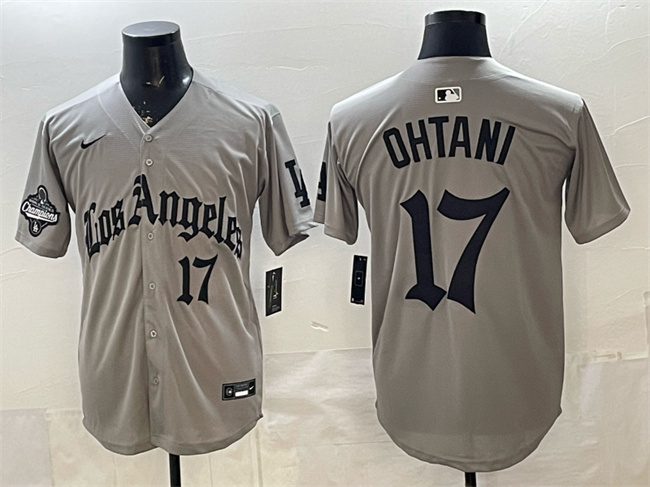 Men's Los Angeles Dodgers #17 Shohei Ohtani Grey LA Gothic Style With 2025 World Series Champions Patch Limited Stitched Baseball Jersey Men's Los Angeles Dodgers #17 Shohei Ohtani Grey LA Gothic Style With 2025 World Series Champions Patch Limited Stitched Baseball Jersey